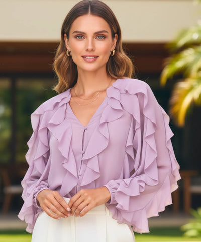Women's Long Sleeve Ruffle Chiffon Blouse | Fer