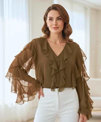 Women's Long Sleeve Ruffle Chiffon Blouse | Fer