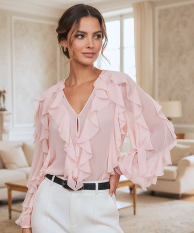 Women's Long Sleeve Ruffle Chiffon Blouse | Fer