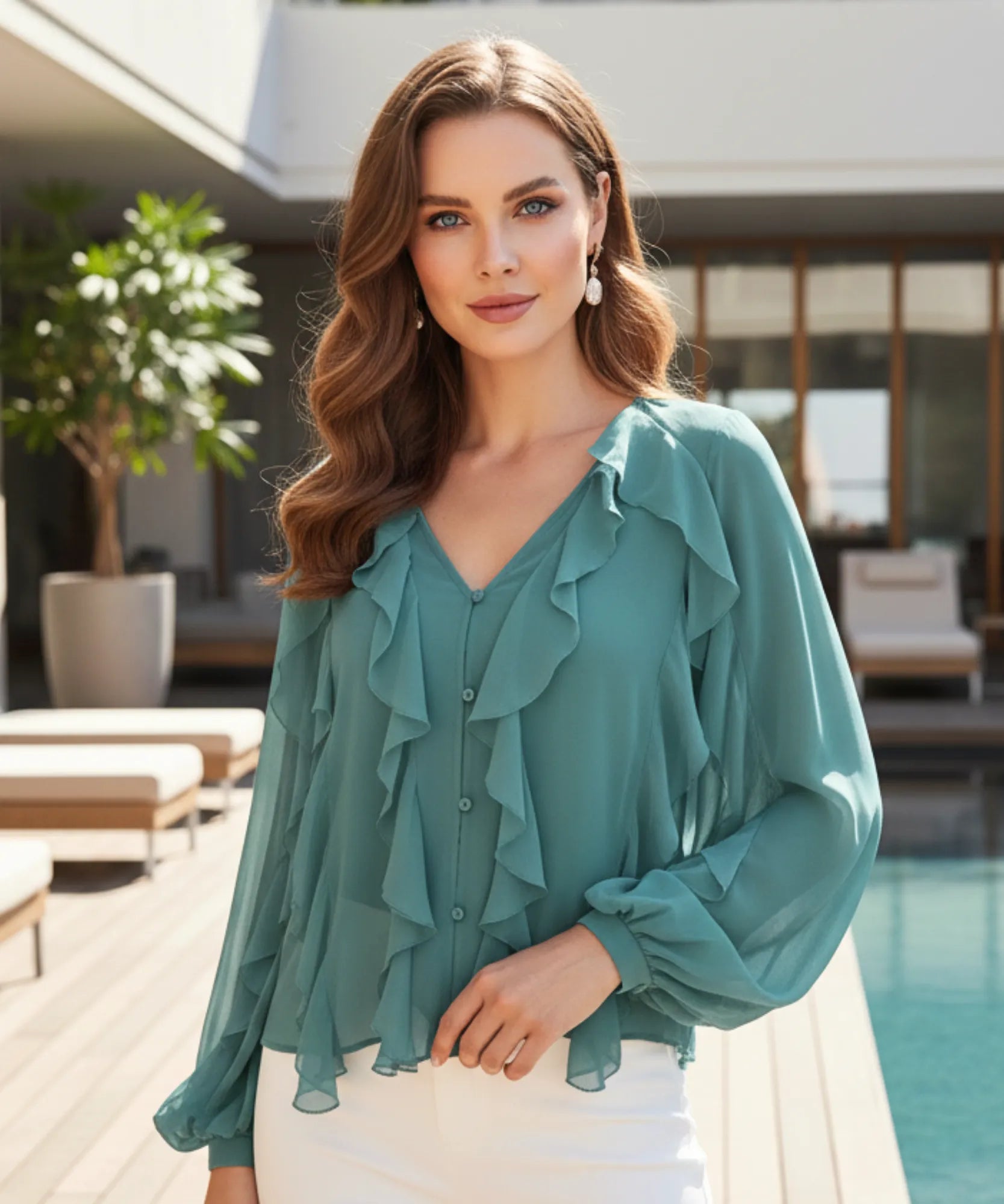 Comprar blusa social feminina verde manga longa com babados em tecido leve e transparente para looks elegantes no trabalho ou eventos sociais barato ZARA
