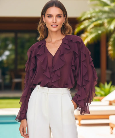 Women's Long Sleeve Ruffle Chiffon Blouse | Fer