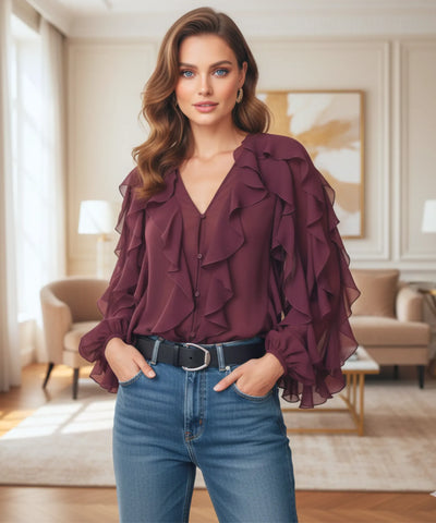 Women's Long Sleeve Ruffle Chiffon Blouse | Fer