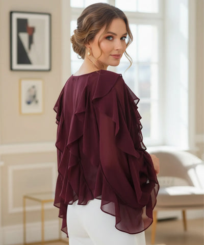 Comprar blusa social feminina vinho manga longa com babados em tecido leve e transparente para looks elegantes no trabalho ou eventos sociais barato ZARA
