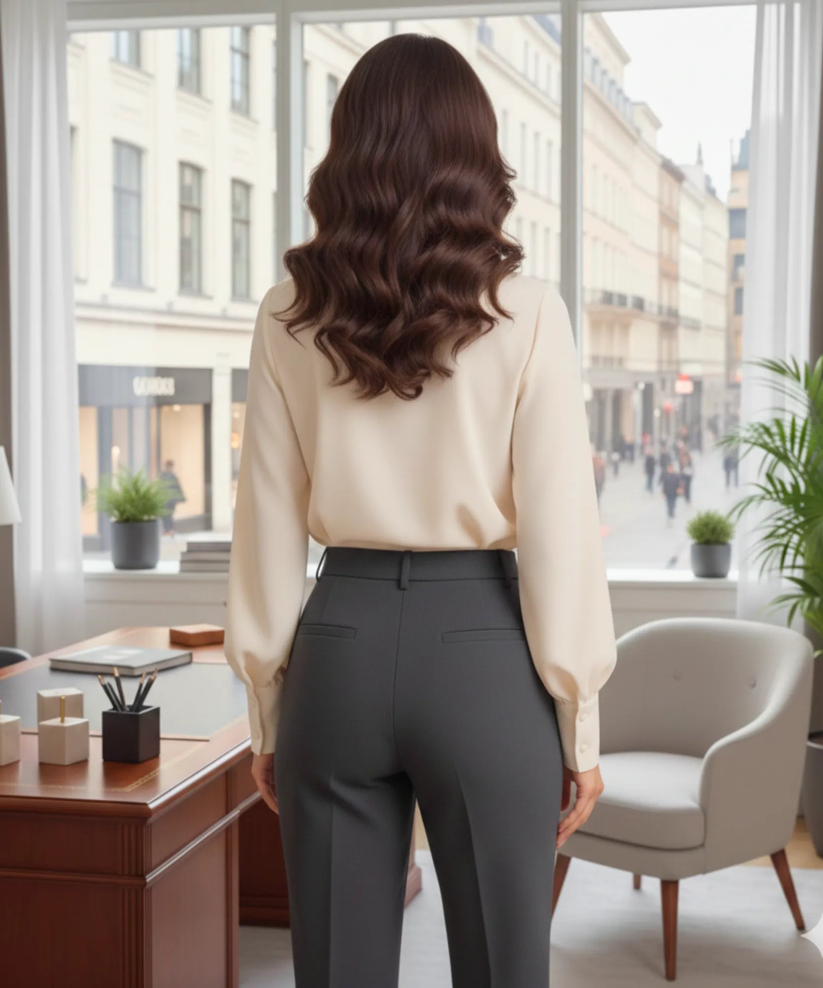 Blusa Social Feminina de Seda Manga Longa bege com decote em gota e gola alta, ideal para eventos formais e looks profissionais ANELLIMN