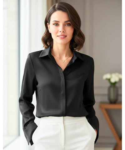 Comprar Blusa Social Feminina preto Manga Longa Seda Elegante barato ZARA