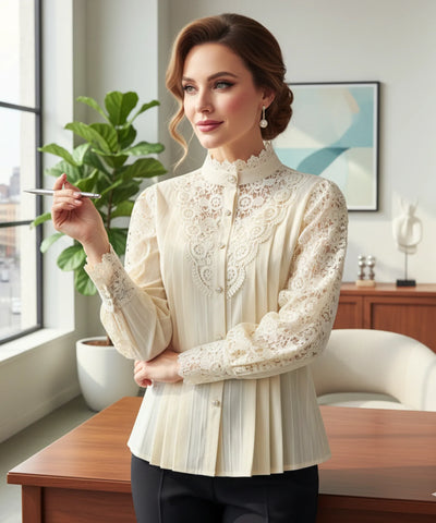Women’s Lace Blouse with Puff Sleeves and High Neck | Ariel