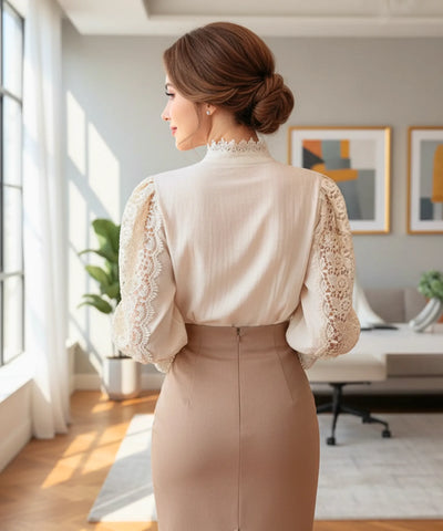 Women’s Lace Blouse with Puff Sleeves and High Neck | Ariel
