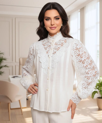 Women’s Lace Blouse with Puff Sleeves and High Neck | Ariel