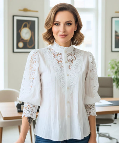 Women’s Lace Blouse with Puff Sleeves and High Neck | Ariel