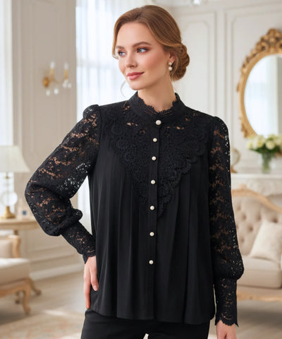 Women’s Lace Blouse with Puff Sleeves and High Neck | Ariel