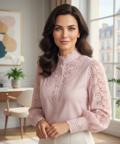 Women’s Lace Blouse with Puff Sleeves and High Neck | Ariel