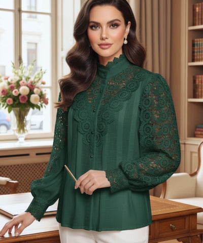 Women’s Lace Blouse with Puff Sleeves and High Neck | Ariel
