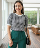 Comprar blusa social feminina tricot canelada quadriculada preta branca elegante manga curta trabalho escritório barato ANELLIMNS