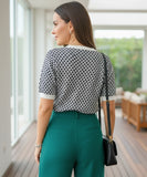 Comprar blusa social feminina tricot canelada quadriculada preta branca elegante manga curta trabalho escritório barato ANELLIMNS