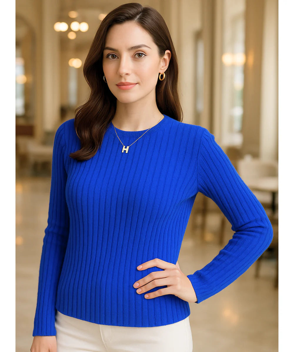 Comprar blusa tricot feminina canelada azul manga longa com gola redonda para dias frios com estilo casual e sofisticado em promoção ZARA

