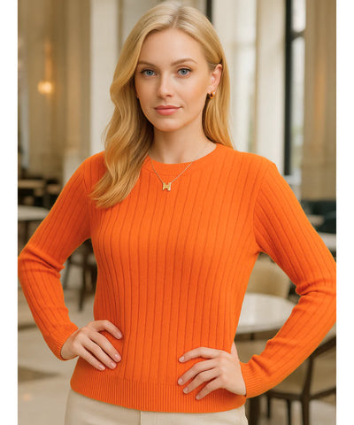 Comprar blusa tricot feminina canelada laranja manga longa com gola redonda para dias frios com estilo casual e sofisticado em promoção ZARA

