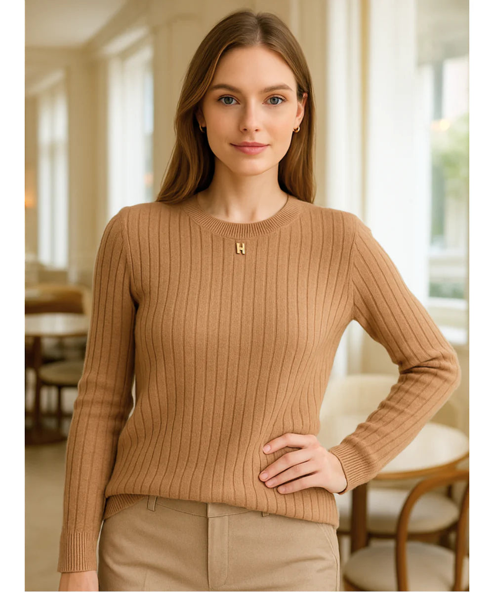 Comprar blusa tricot feminina canelada marrom manga longa com gola redonda para dias frios com estilo casual e sofisticado em promoção ZARA

