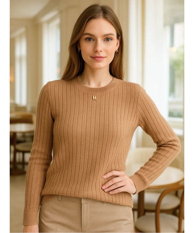 Comprar blusa tricot feminina canelada marrom manga longa com gola redonda para dias frios com estilo casual e sofisticado em promoção ZARA

