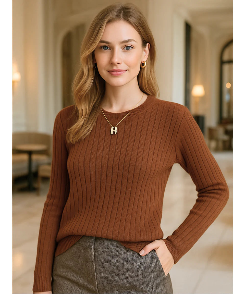 Comprar blusa tricot feminina canelada marrom manga longa com gola redonda para dias frios com estilo casual e sofisticado em promoção ZARA

