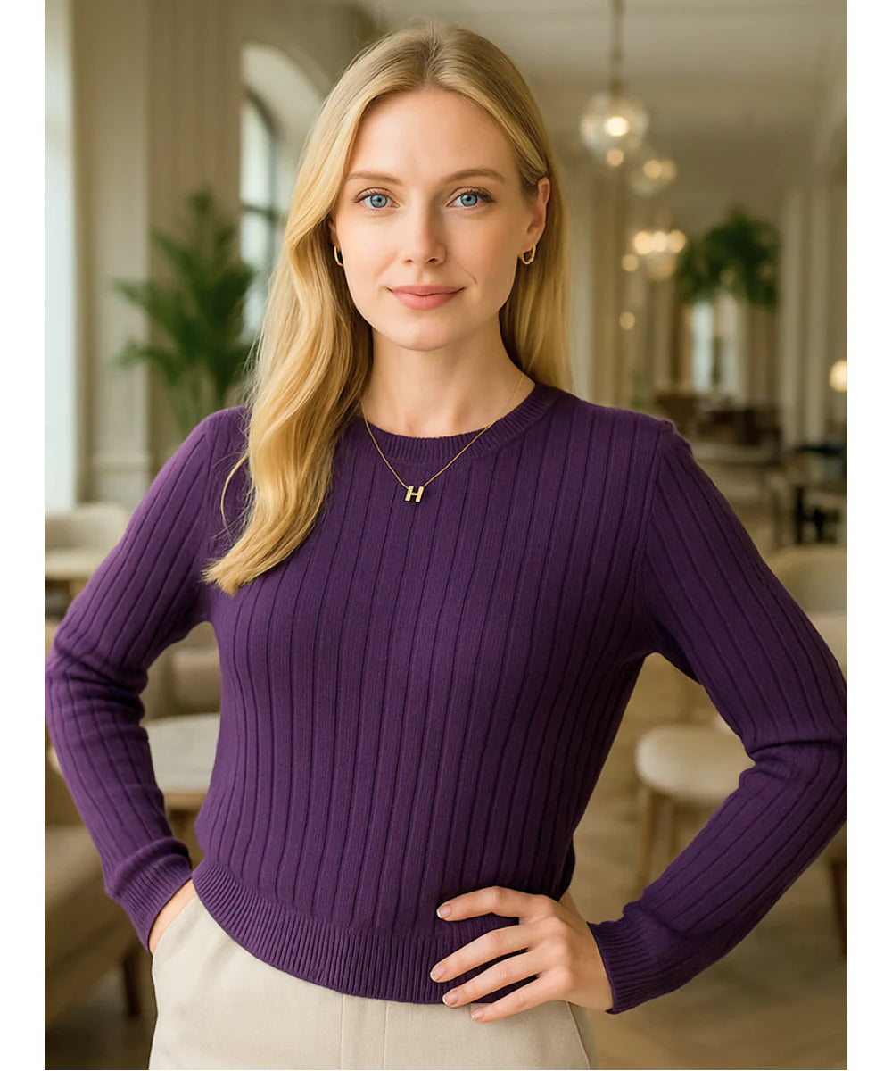 Comprar blusa tricot feminina canelada roxo manga longa com gola redonda para dias frios com estilo casual e sofisticado em promoção ZARA

