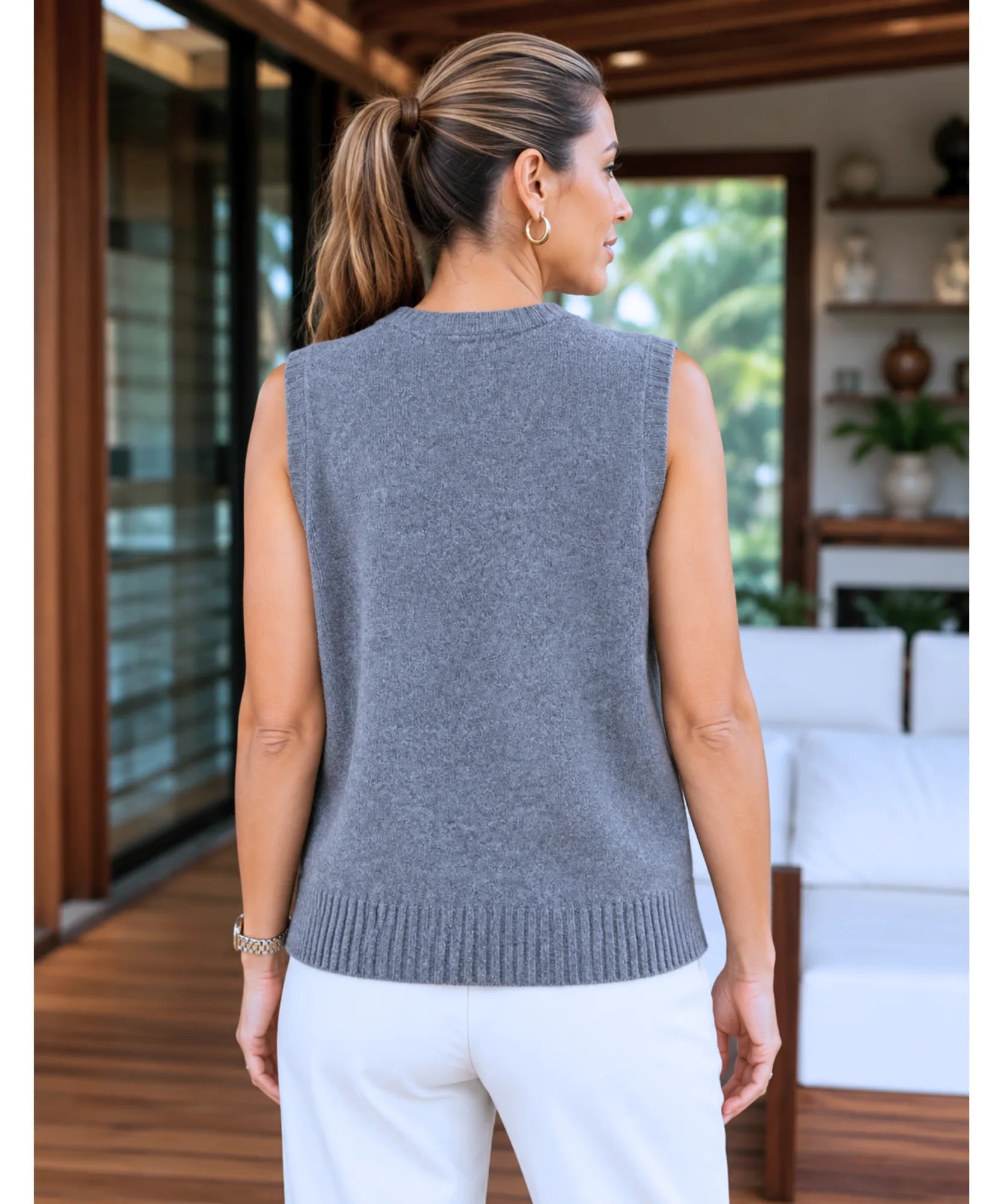 Women's knit V-neck sweater vest in Grey
