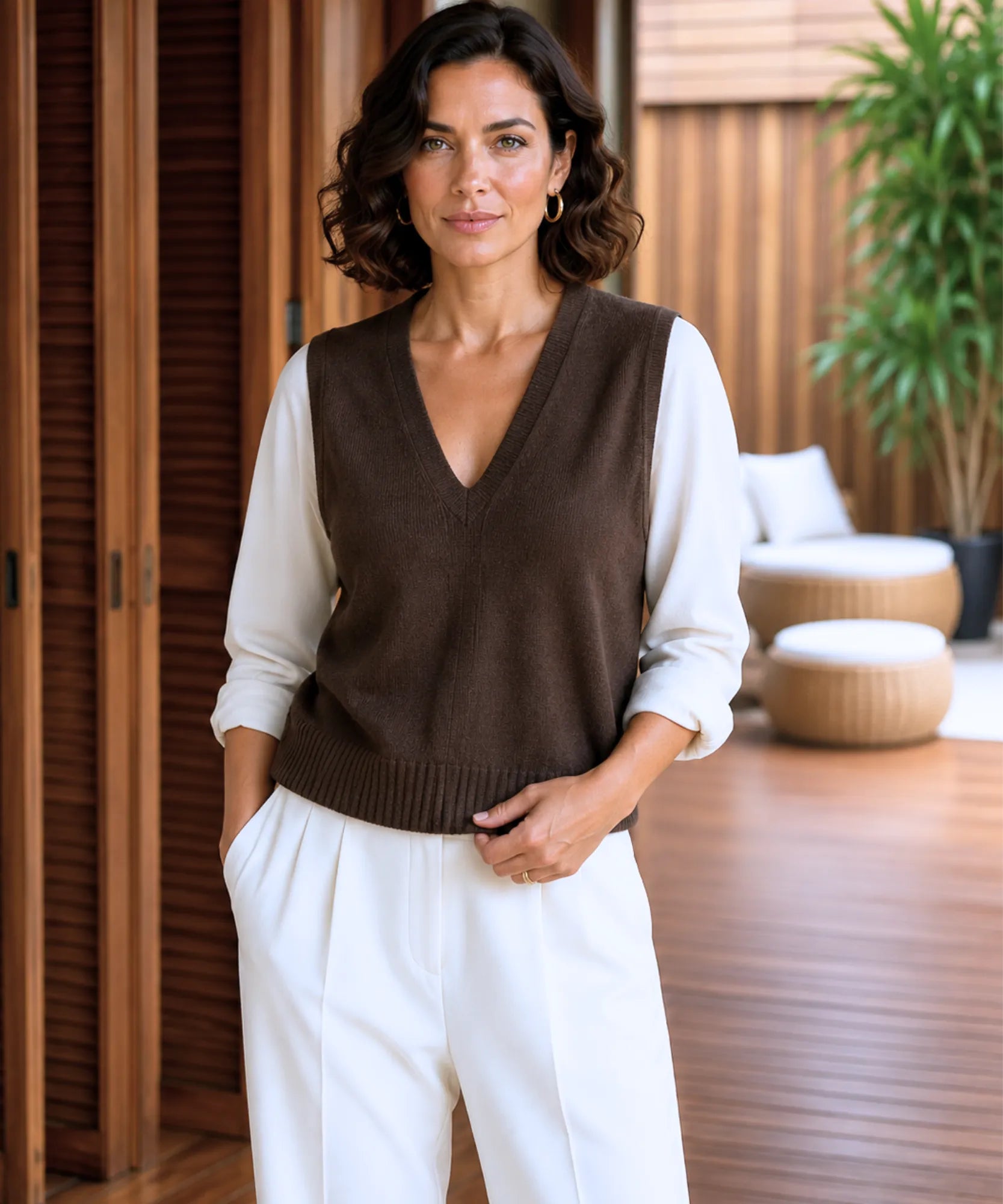 Women's knit V-neck sweater vest in Dark Brown