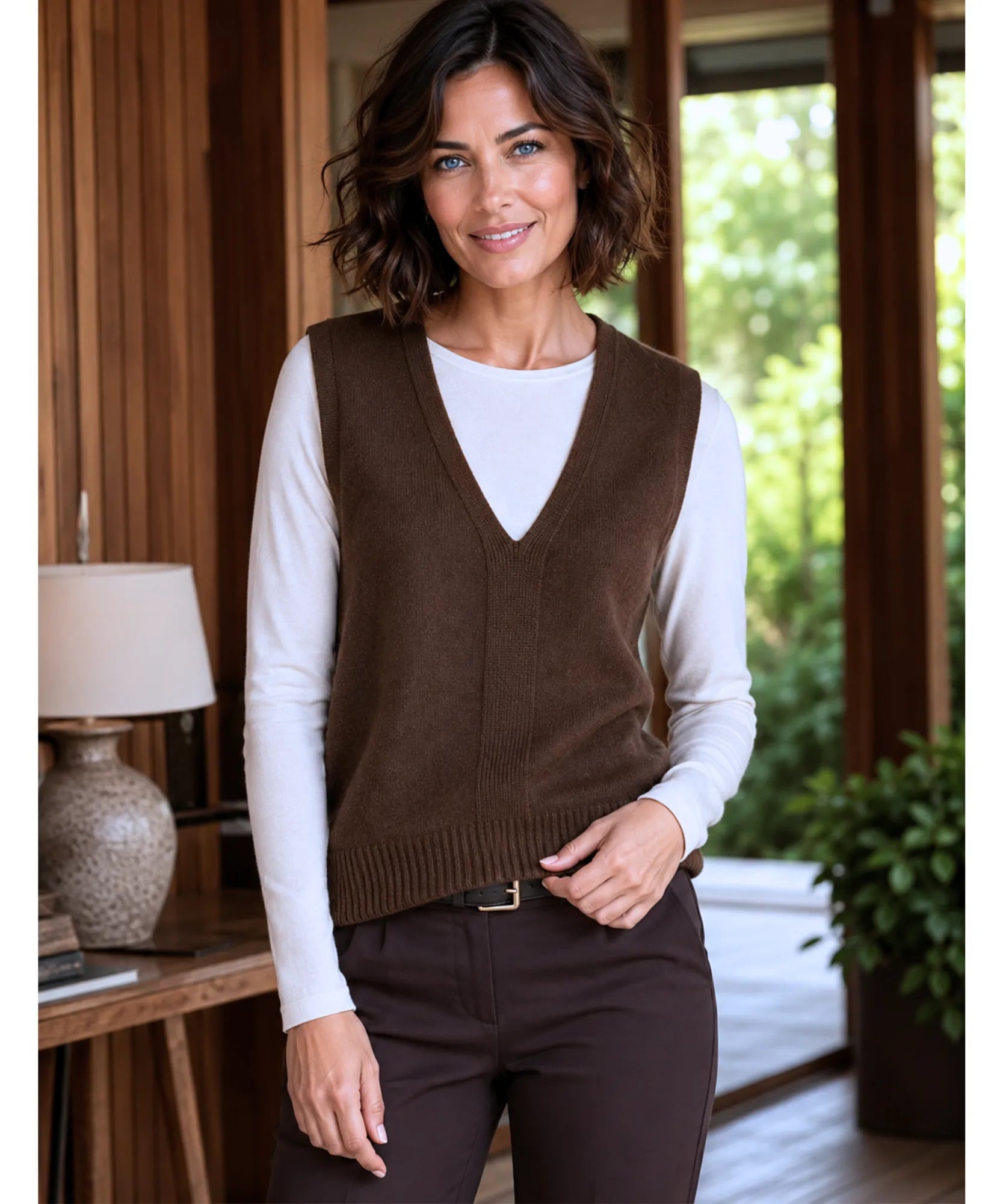 Women's knit V-neck sweater vest in Dark Brown