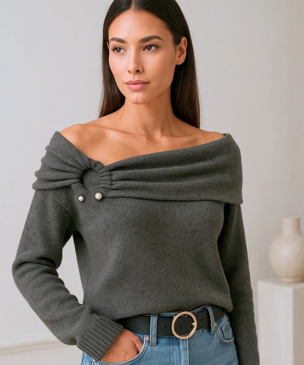 Comprar blusa tricot feminina cinza gola drapeada estilo cashmere com detalhe de argola para looks sofisticados e confortáveis barato ZARA