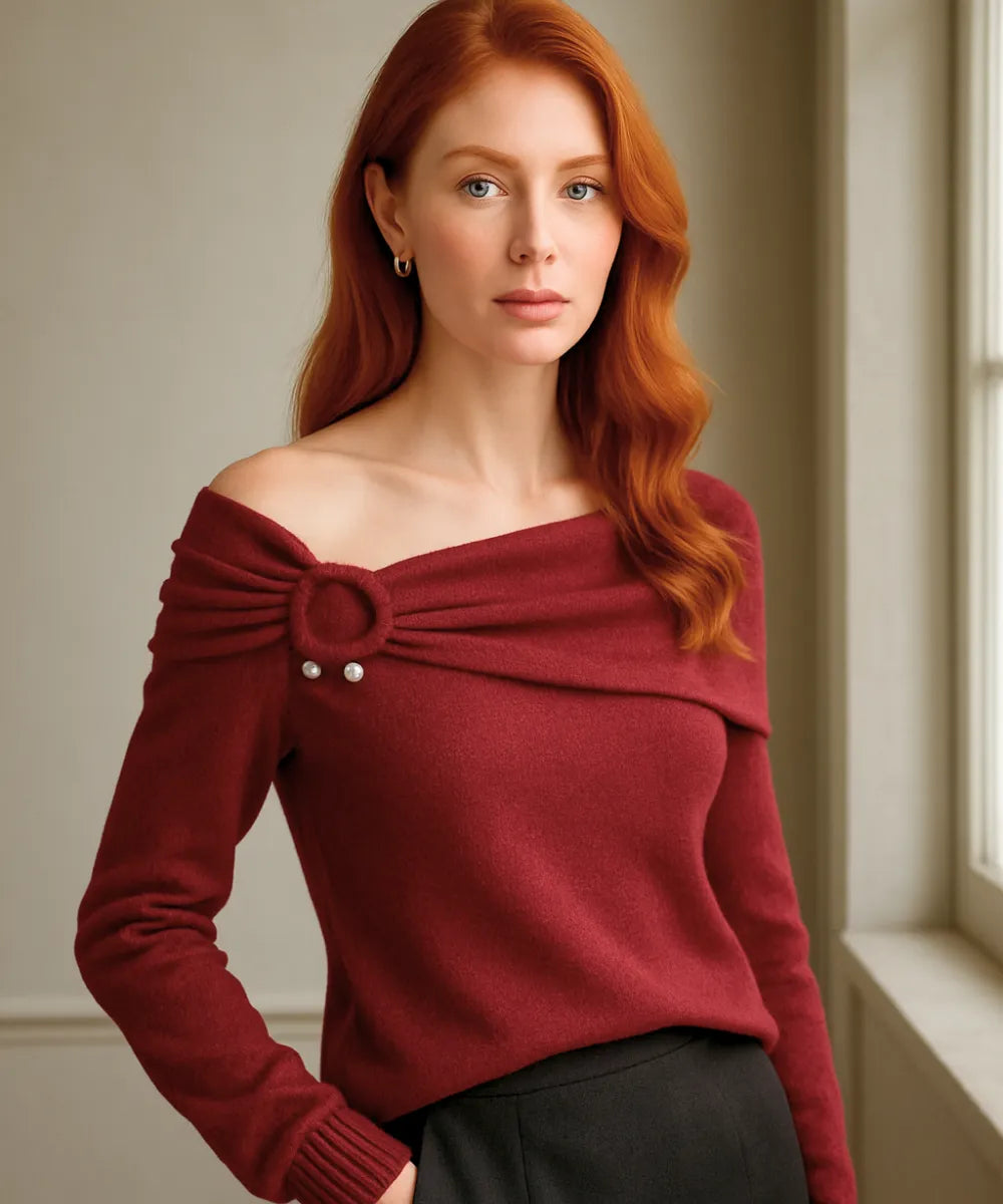 Comprar blusa tricot feminina vinho gola drapeada estilo cashmere com detalhe de argola para looks sofisticados e confortáveis barato ZARA