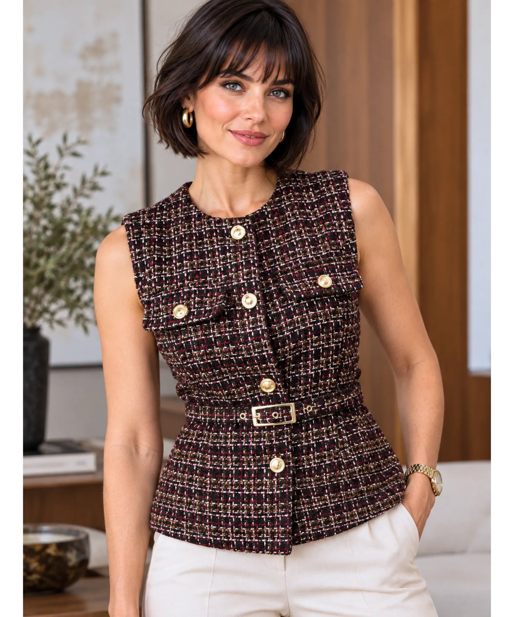 Women's sleeveless tweed peplum top in brown tweed with gold buttons