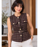 Women's sleeveless tweed peplum top in brown tweed with gold buttons