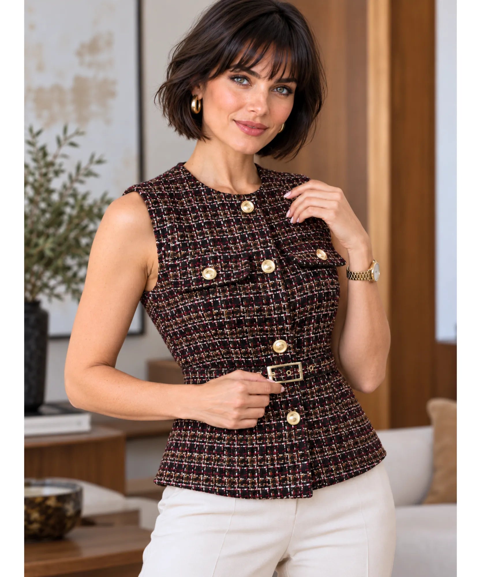 Women's sleeveless tweed peplum top in brown tweed with pockets and belt