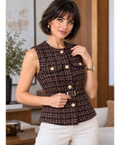 Women's sleeveless tweed peplum top in brown tweed with pockets and belt