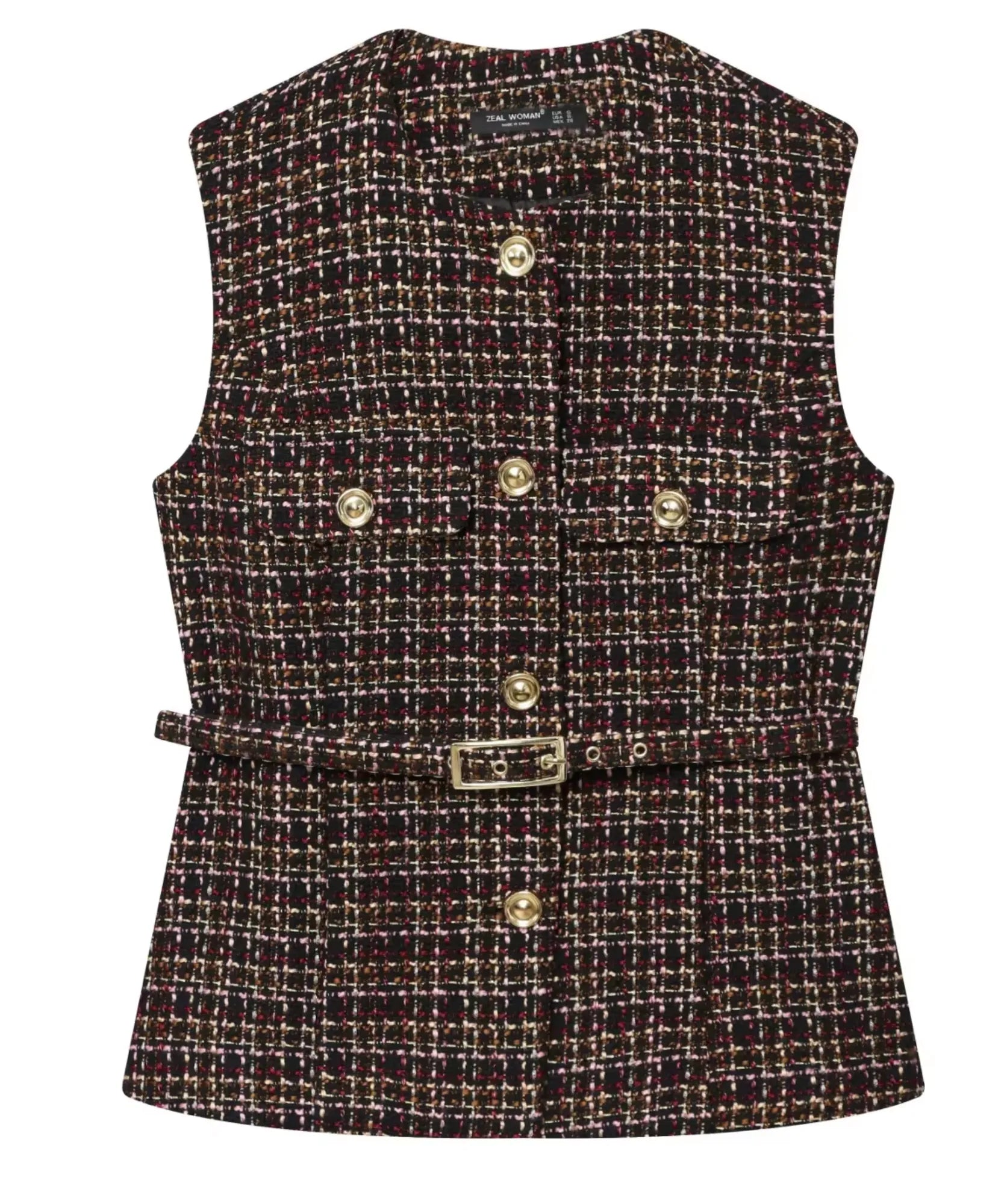 Women's sleeveless tweed peplum top in brown tweed, front view