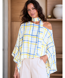 Ivory plaid batwing top with yellow and blue check and scarf collar