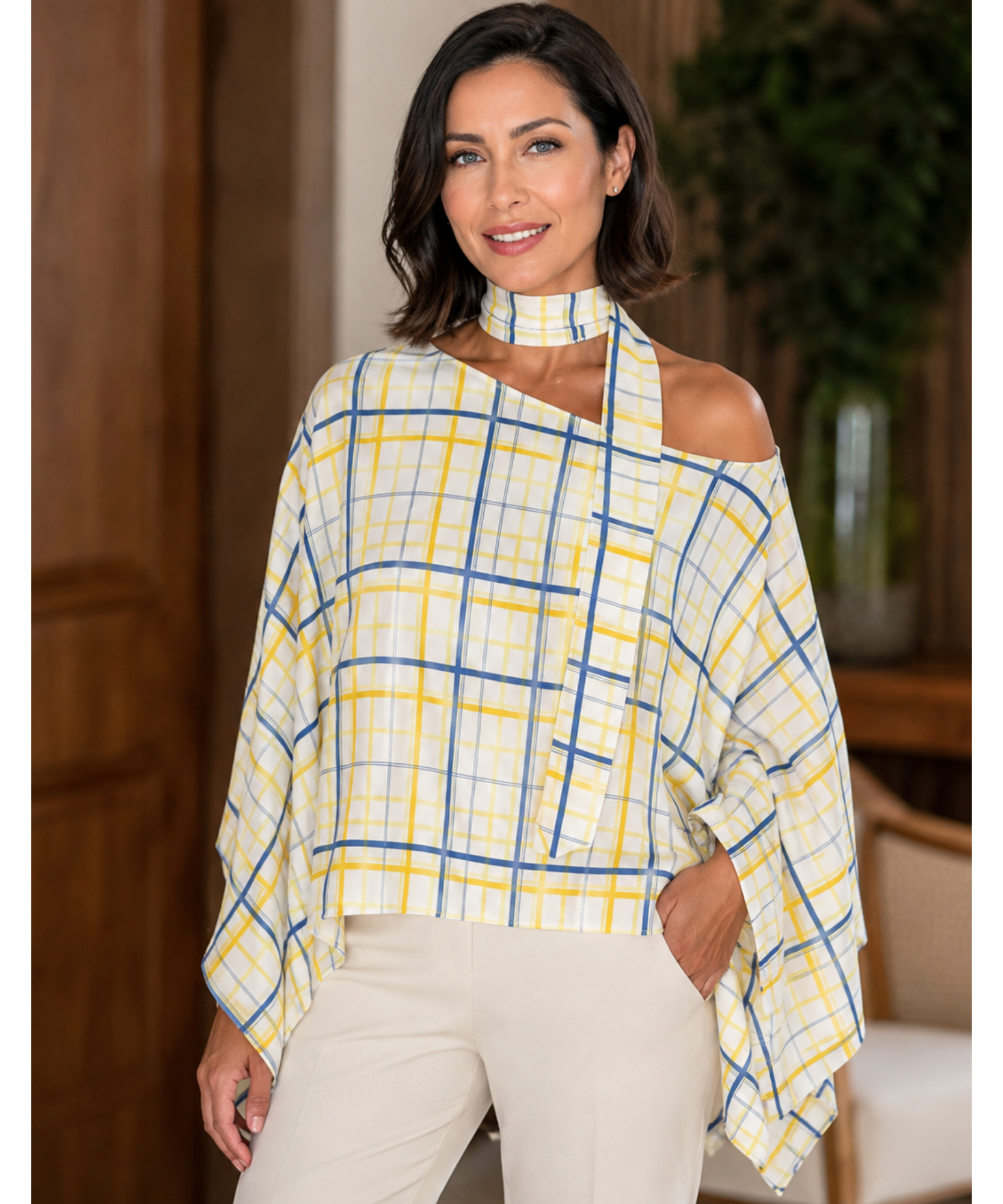 Yellow and blue plaid batwing top with scarf collar, close view