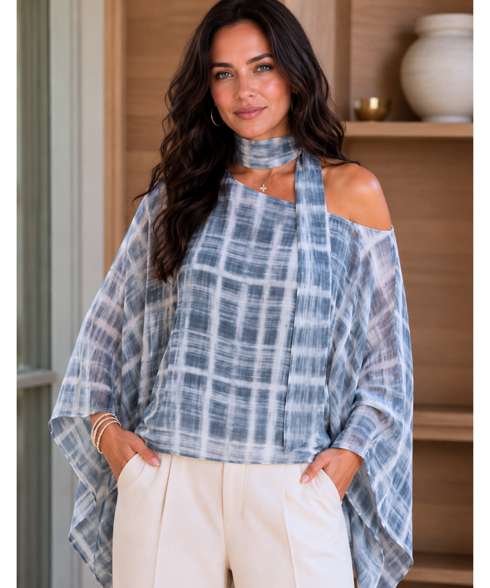 Slate blue plaid batwing top with scarf collar, styled view