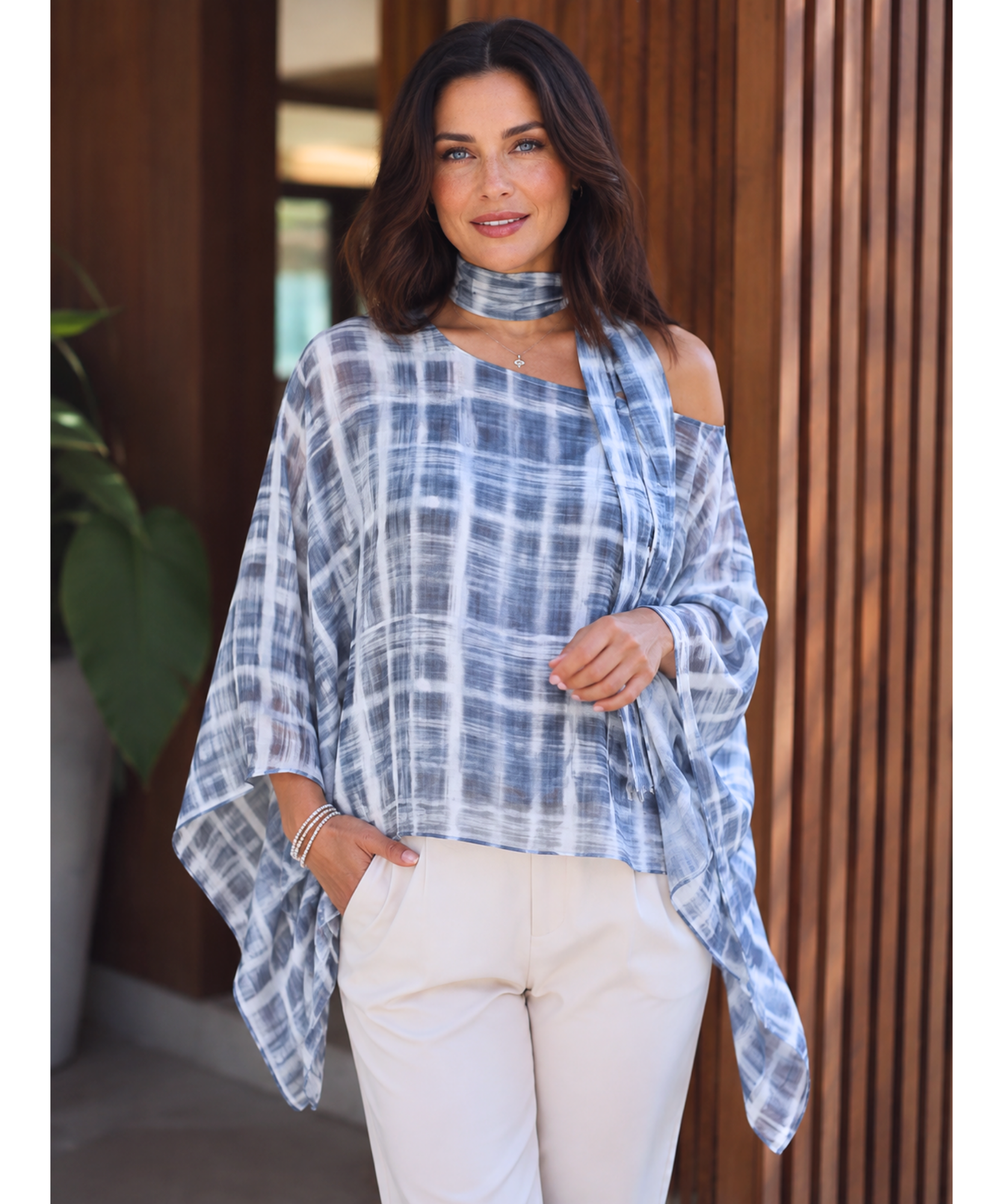 Slate blue plaid batwing top with scarf collar, close front view