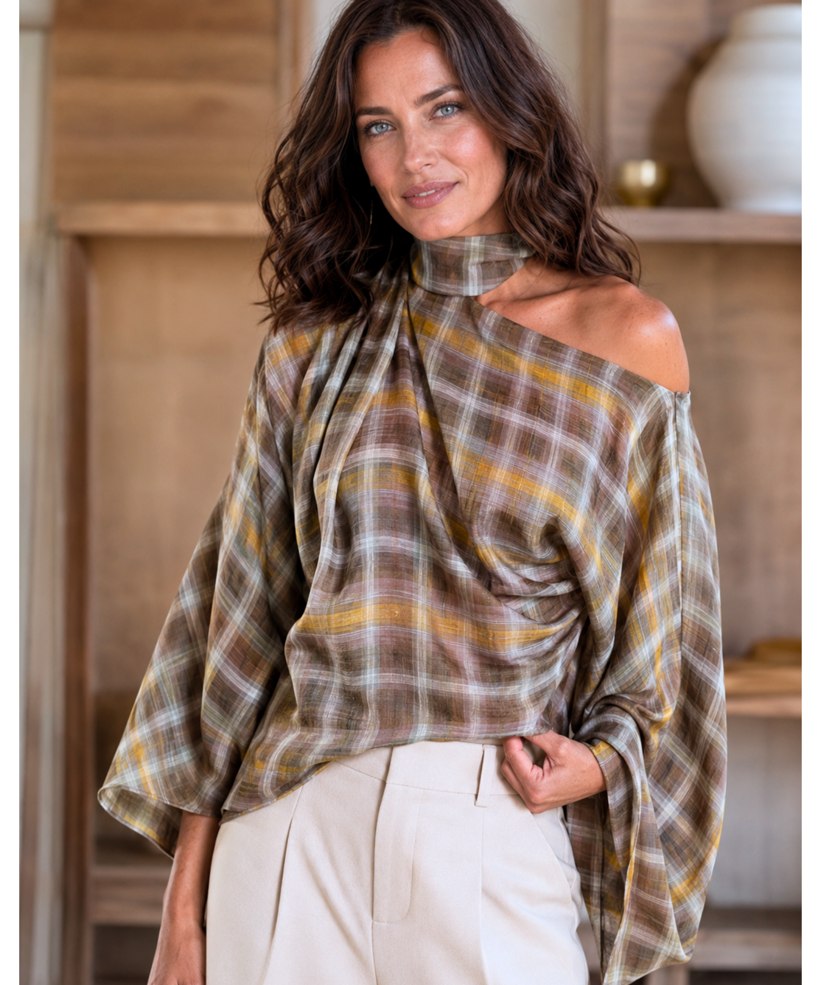 Olive plaid batwing top with scarf collar, front view