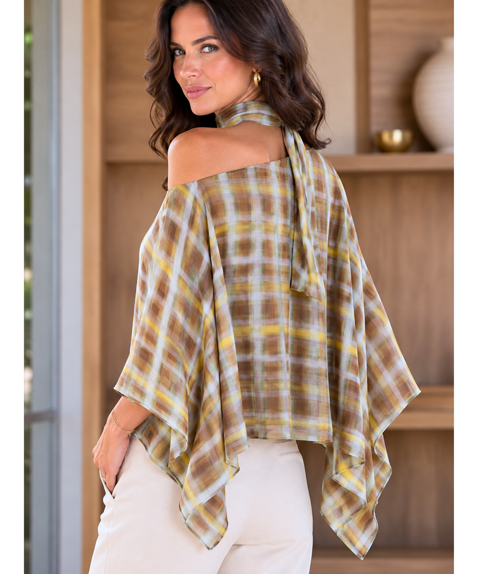 Olive plaid batwing top with scarf collar, side view
