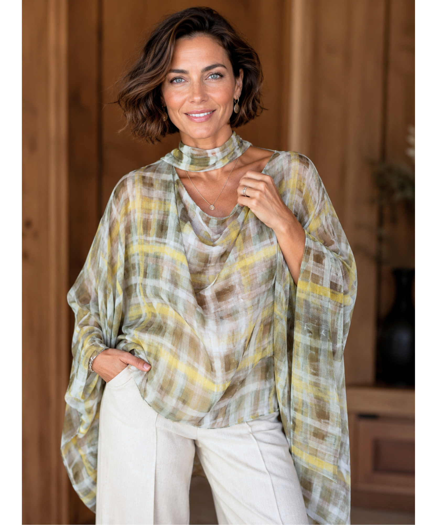 Sage olive plaid sheer batwing top with scarf collar, front view