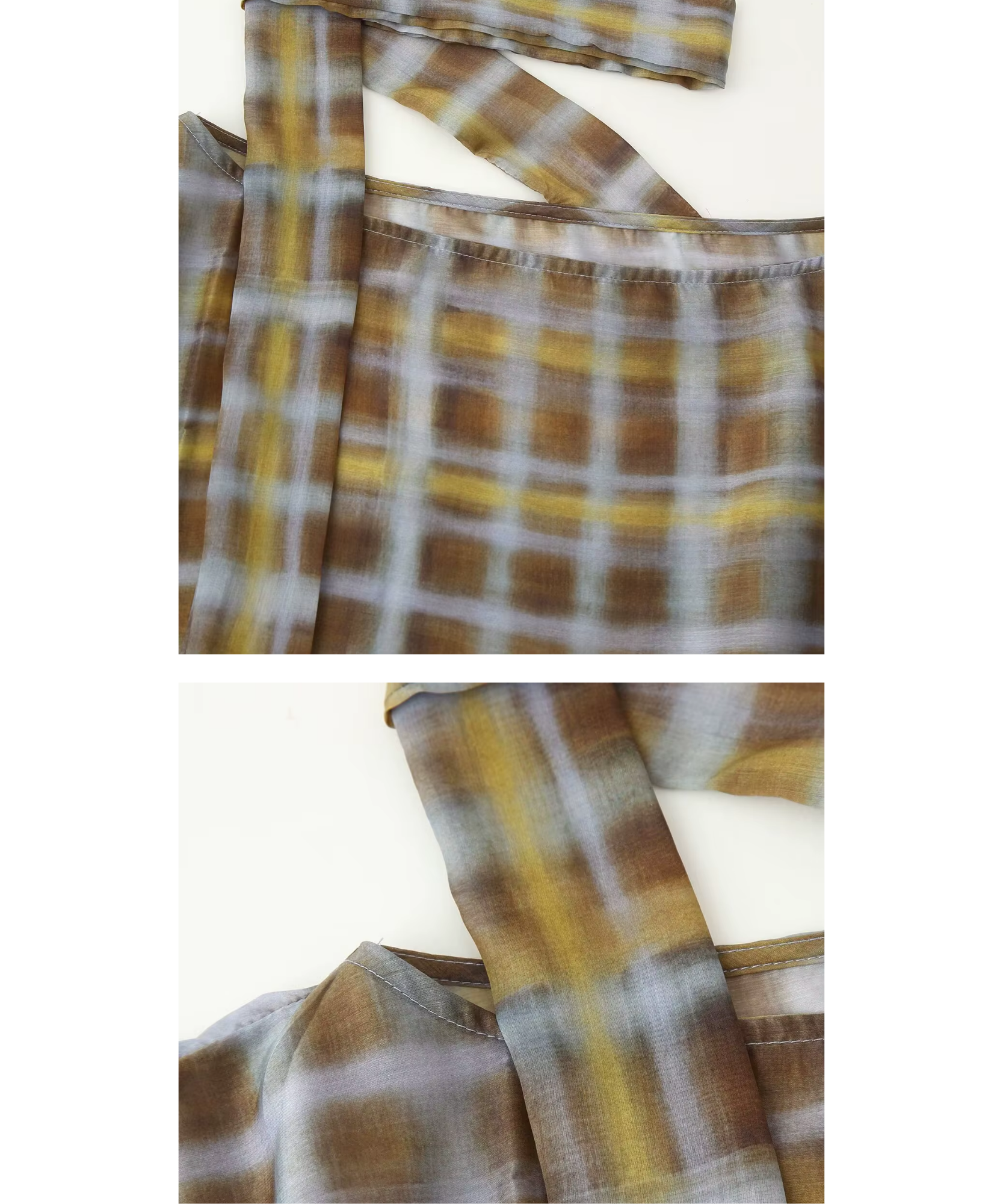 Close-up of olive plaid sheer fabric and scarf collar detail