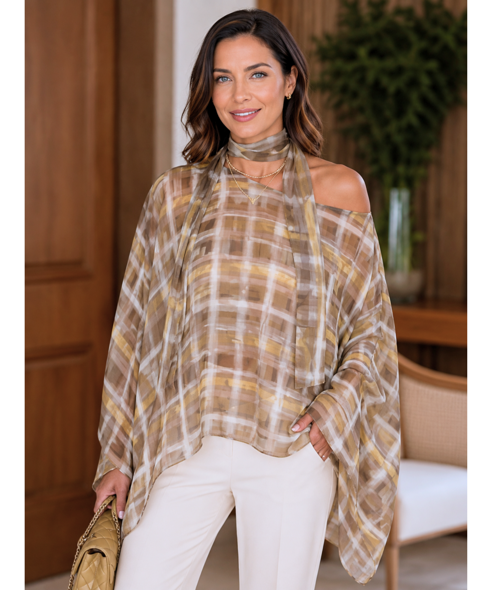Olive plaid sheer batwing top with scarf collar, close front view