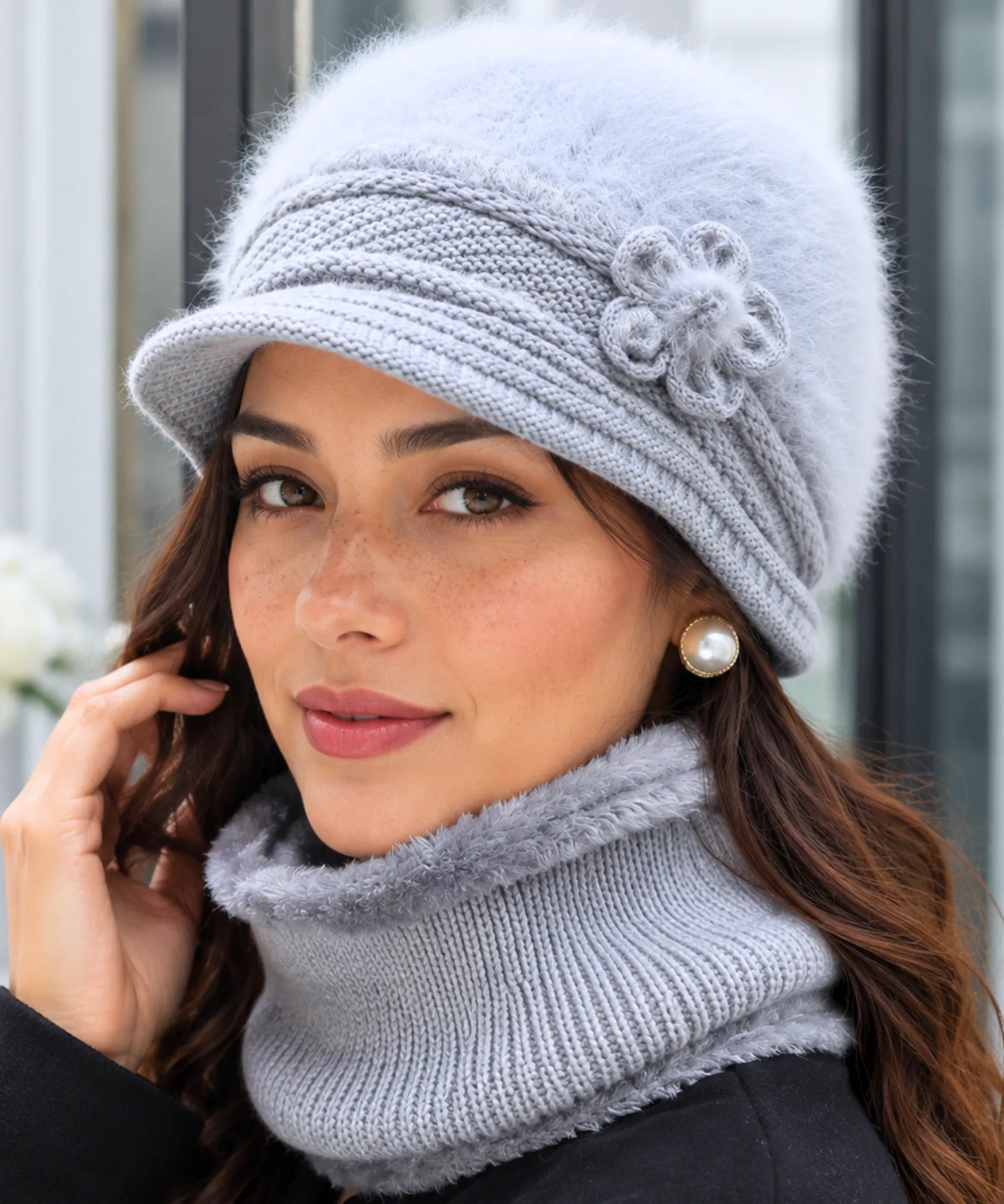 Women's Grey Plush Knit Cloche Hat and Scarf Set