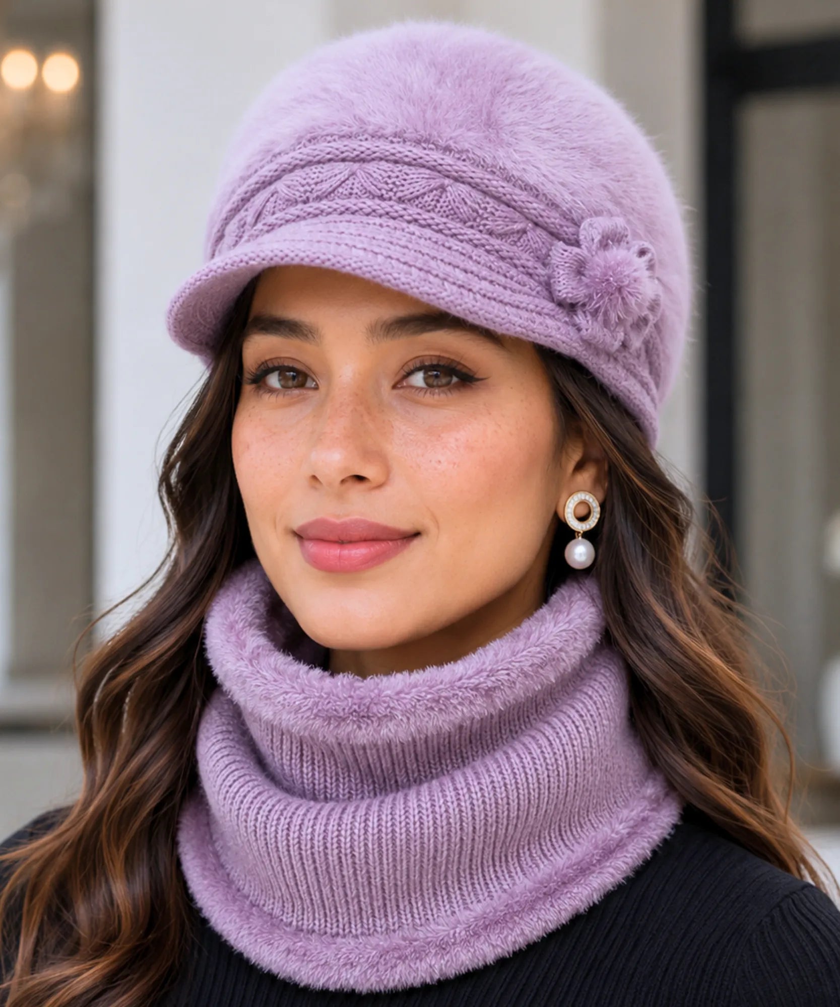 Women's Lilac Plush Knit Cloche Hat and Scarf Set