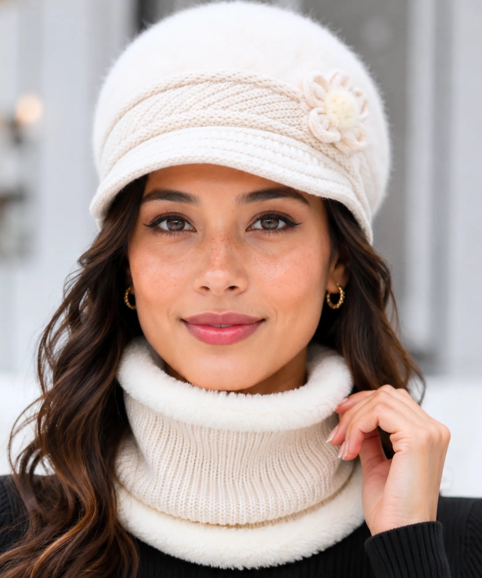 Women's Ivory Plush Knit Cloche Hat and Scarf Set