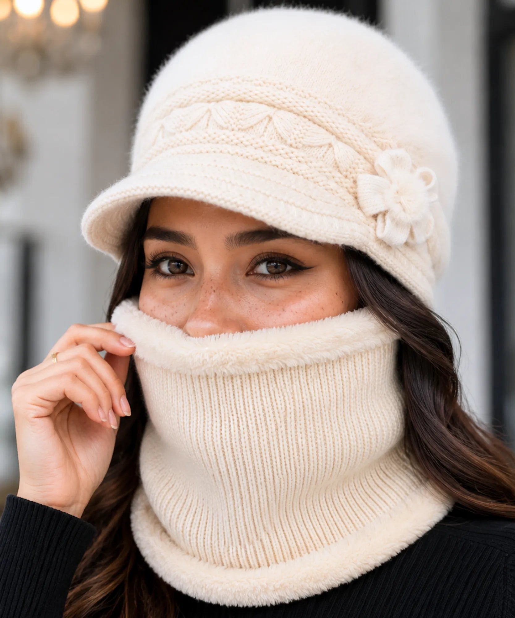 Women's Ivory Plush Knit Cloche Hat and Scarf Set