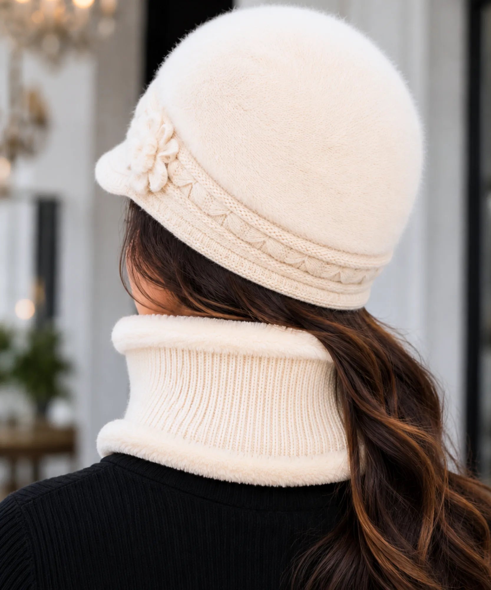 Women's Ivory Plush Knit Cloche Hat and Scarf Set