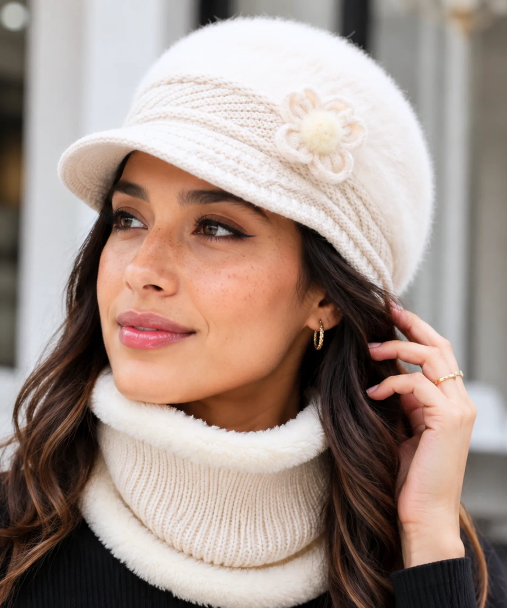 Women's Ivory Plush Knit Cloche Hat and Scarf Set