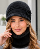 Women's Black Plush Knit Cloche Hat and Scarf Set